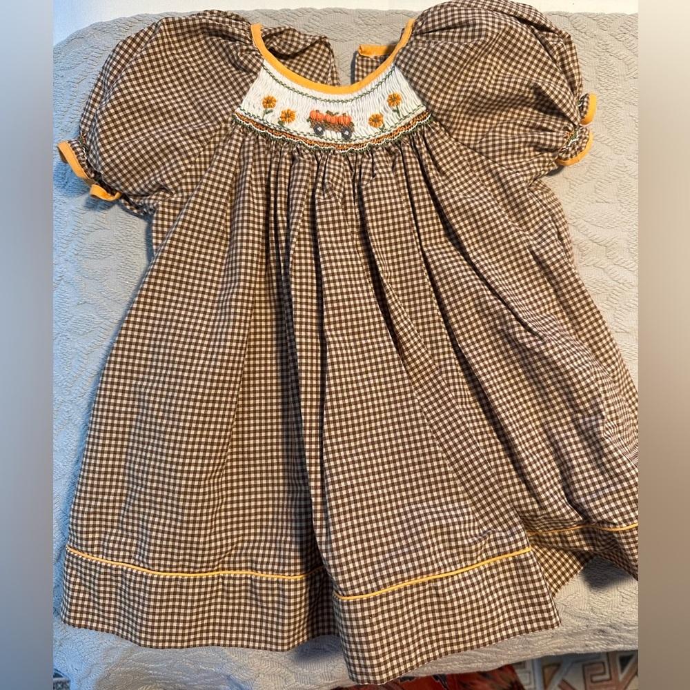 Petit Ami Brown Checkered Dress with Embroidery